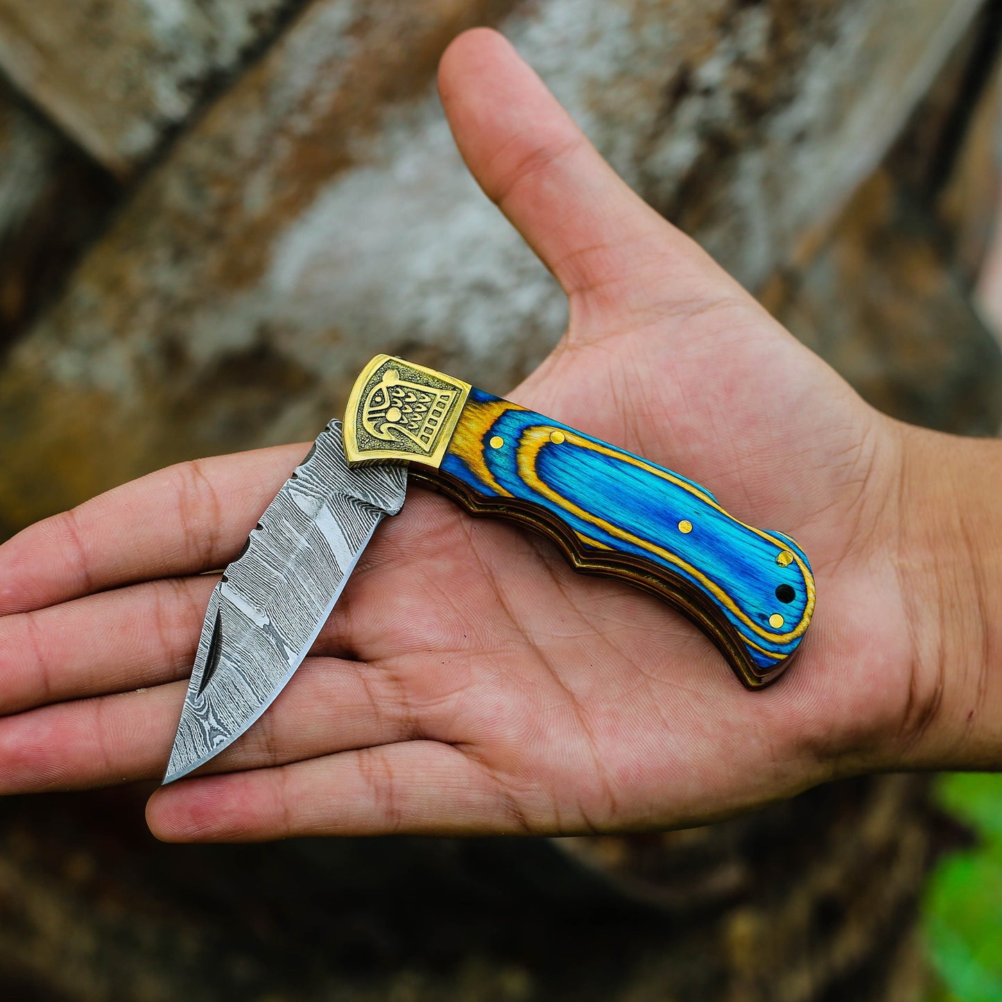 Custom Hand Forged Damascus Folding Knife Stain Wood Handle With Engraved Bolster WH 1558