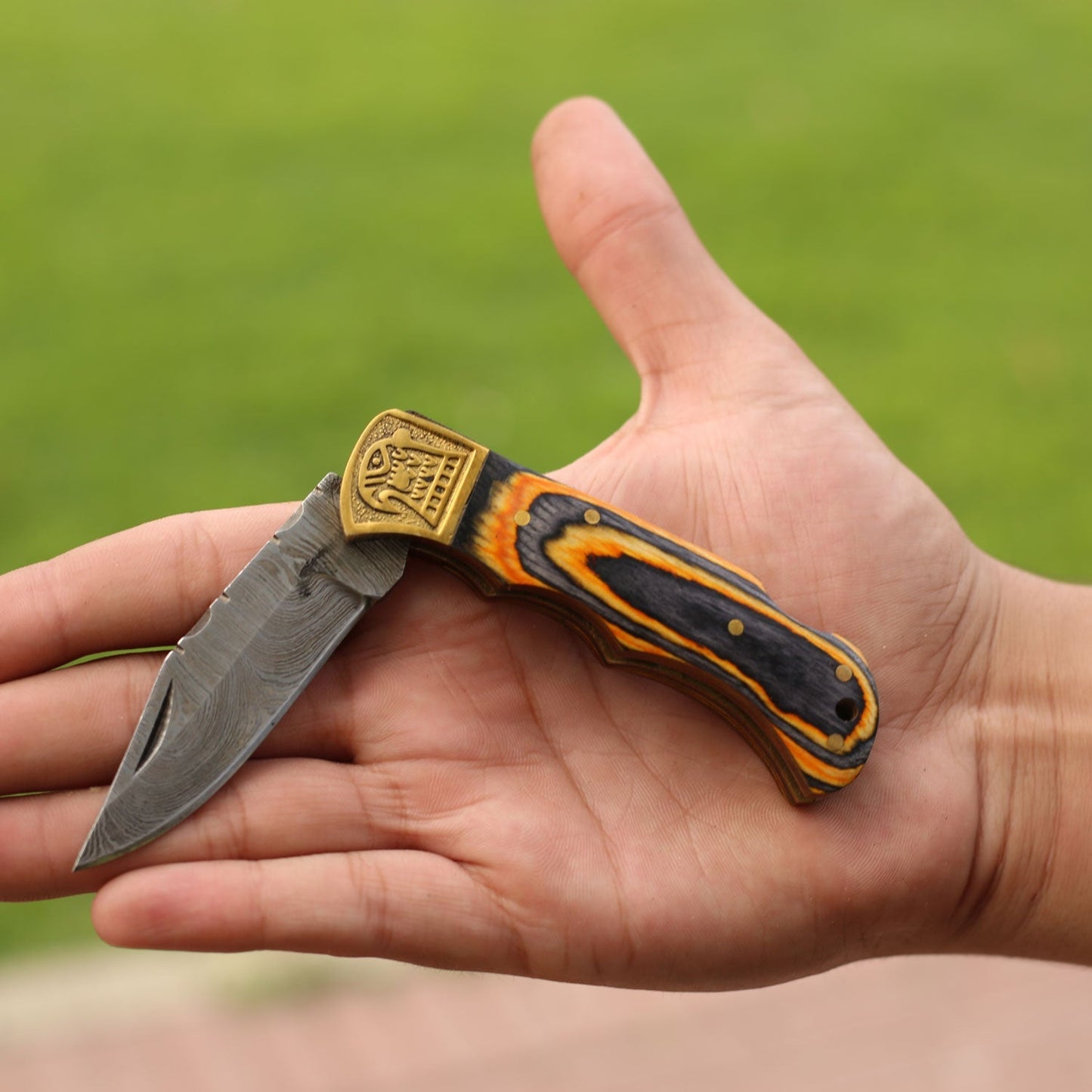 Custom Hand Forged Damascus Folding Knife Stain Wood Handle With Engraved Bolster WH 1557