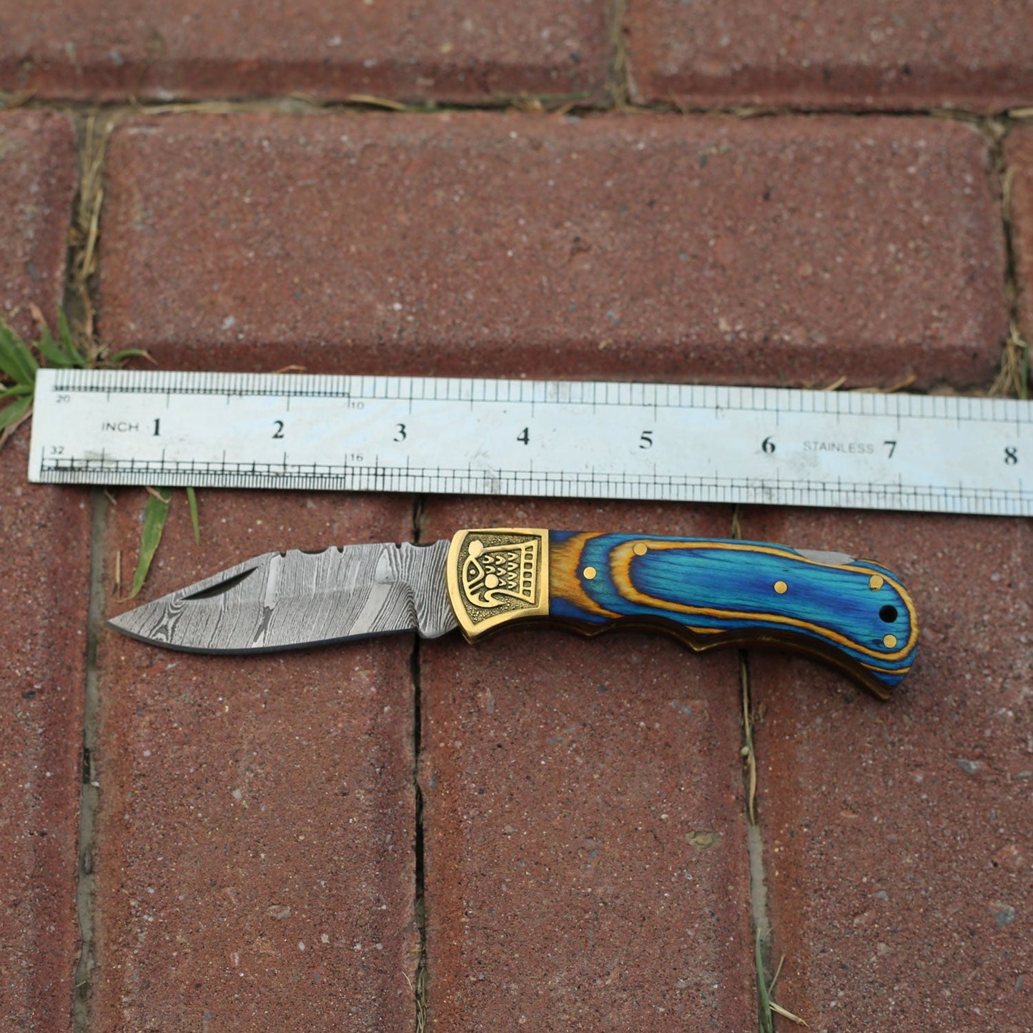 Custom Hand Forged Damascus Folding Knife Stain Wood Handle With Engraved Bolster WH 1558