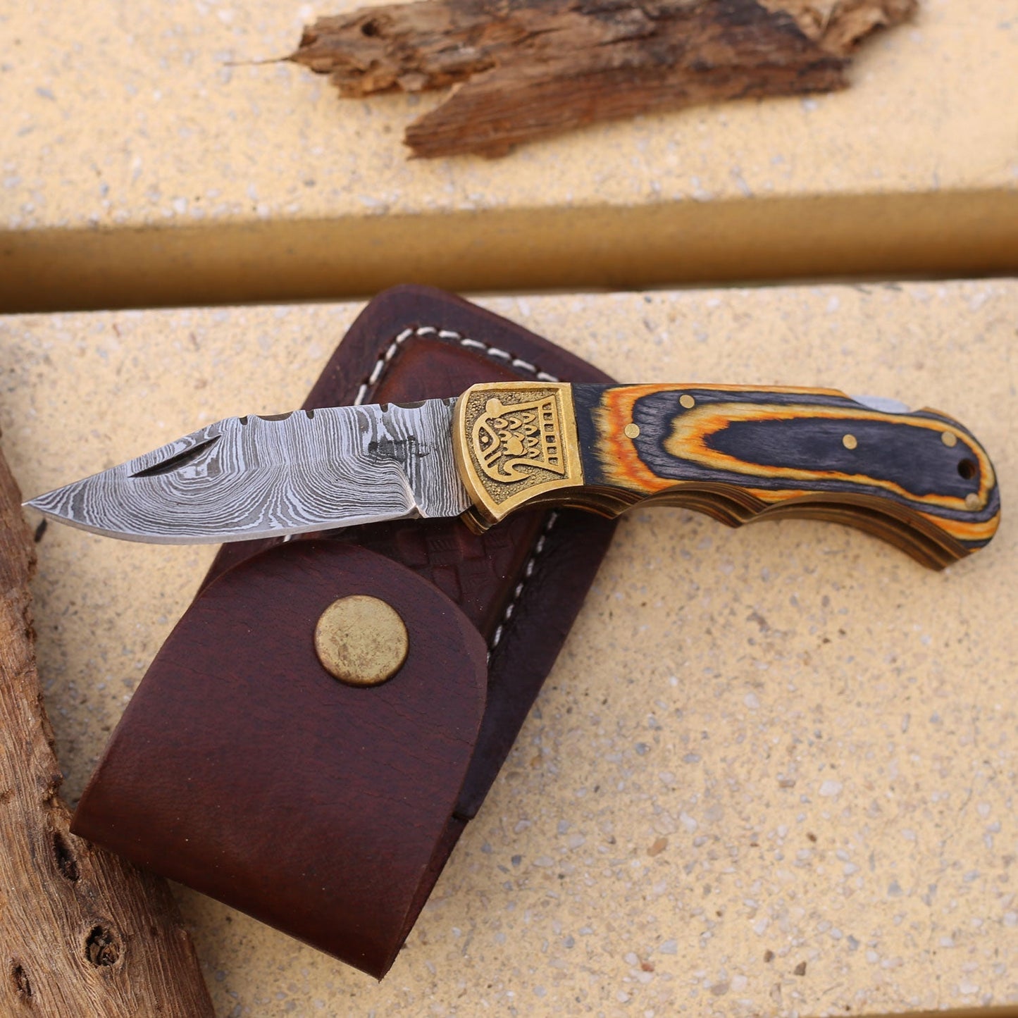 Custom Hand Forged Damascus Folding Knife Stain Wood Handle With Engraved Bolster WH 1557