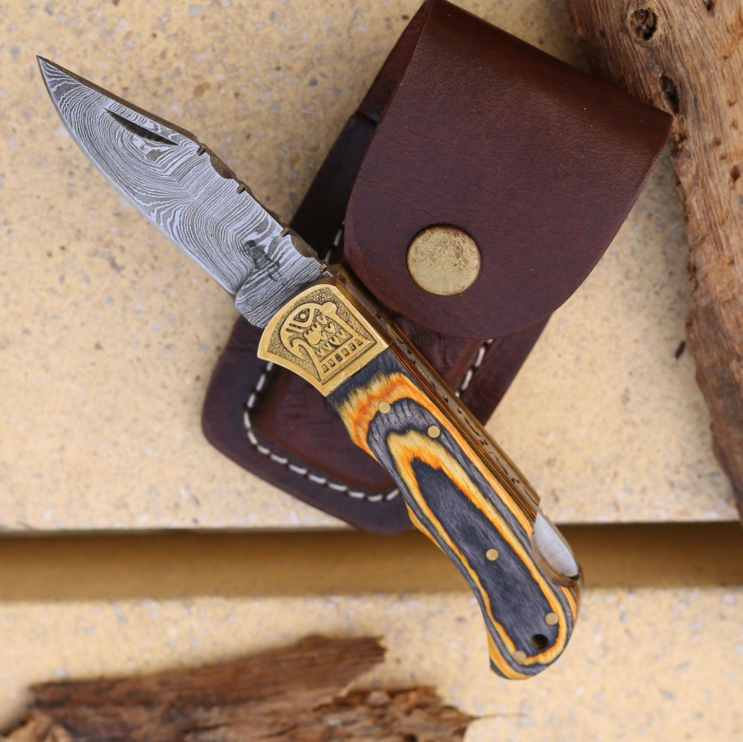 Custom Hand Forged Damascus Folding Knife Stain Wood Handle With Engraved Bolster WH 1557