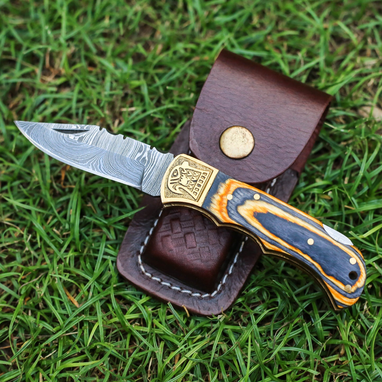 Custom Hand Forged Damascus Folding Knife Stain Wood Handle With Engraved Bolster WH 1557
