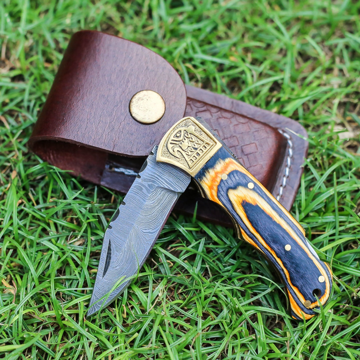 Custom Hand Forged Damascus Folding Knife Stain Wood Handle With Engraved Bolster WH 1557