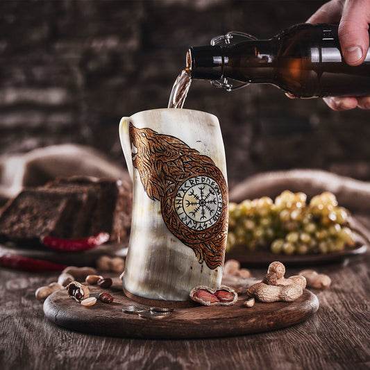 Viking Horn Tankard, Hand-Burned Norse Design