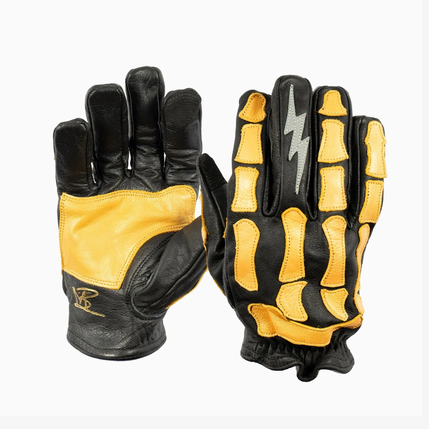 Leather Gloves - Buffalo Skeleton  Motorcycle Astrapí (Lightning)-Black-Gold