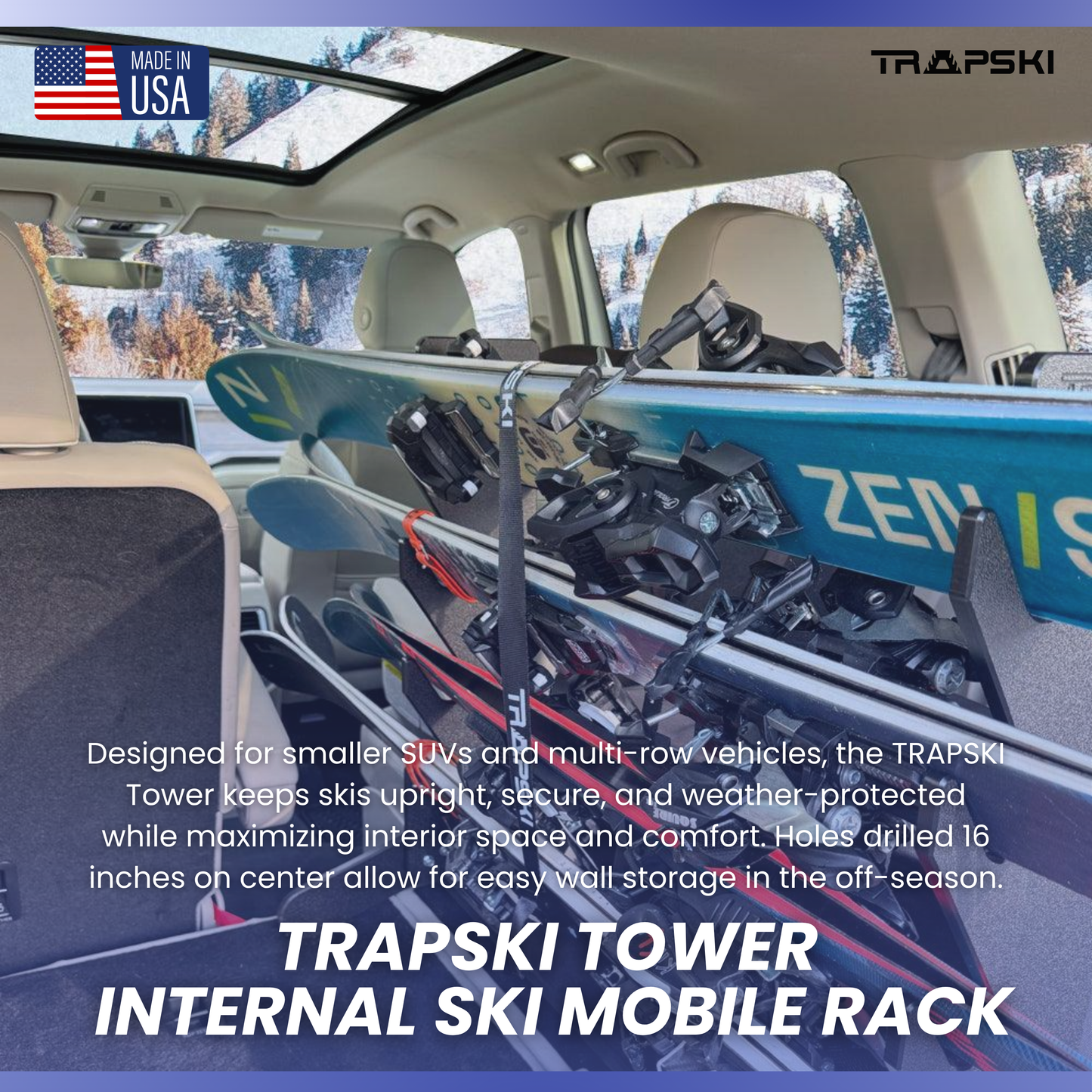 The TRAPSKI Tower with Security Strap | Internal Ski Mobile Rack | SUVs, Vans, Crossovers, Hatchbacks | Third Row SUVS