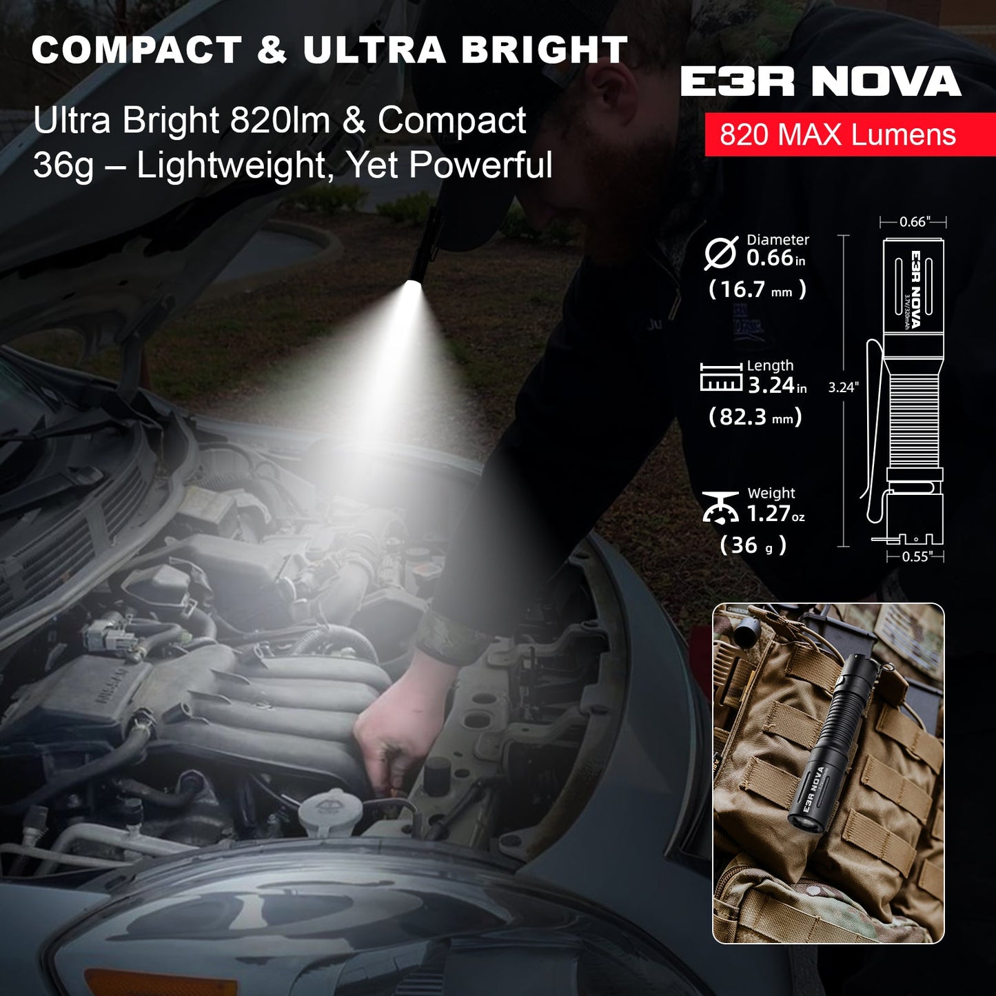 E3R Nova- 820 Lumen Rechargeable Flashlight