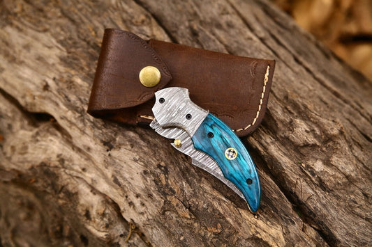 Custom Handmade Damascus Steel EDC Folding Pocket Knife – Exotic Wood Handle, 3-Inch Blade, Leather Case – Ideal Wedding Gift