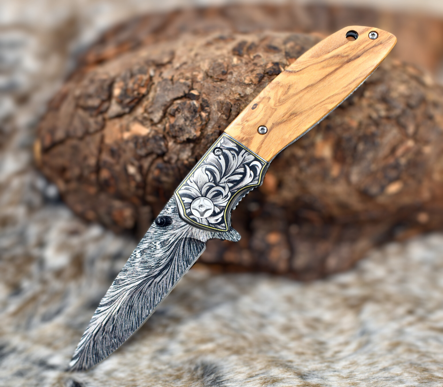 Vertex Damascus Pattern Pocket Knife with Exotic Olive Wood Handle