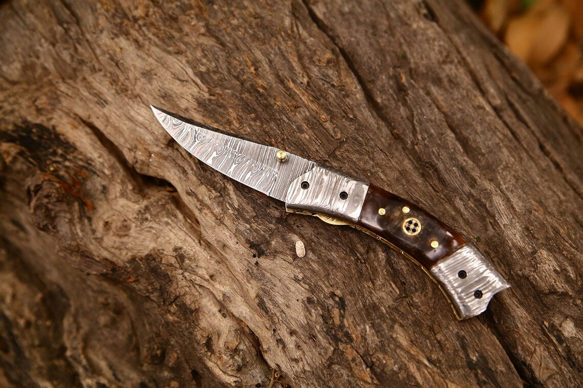 Custom Handmade Damascus Steel EDC Folding Pocket Knife – 3-Inch Blade, Sheep Horn Handle, Leather Case – Perfect Wedding Gift by KBS Knives