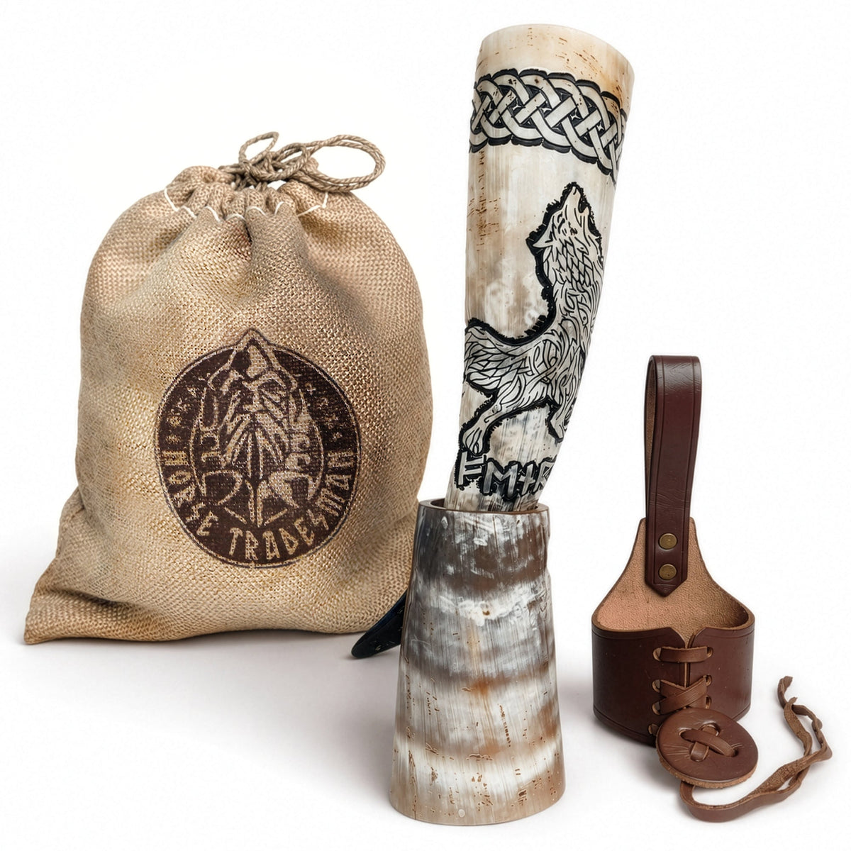 Curved Drinking Horn Bundle with Stand & Holster (Pick Your Color)