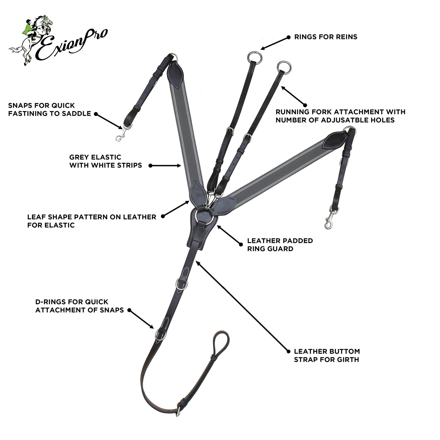 ExionPro Wide Elastic 3 Point Breastplate - Grey Elastic & White Lines