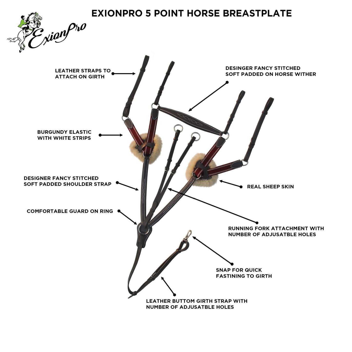 ExionPro 5 Point Breastplate with Sheepskin Padding - Burgundy Elastic & White Strips