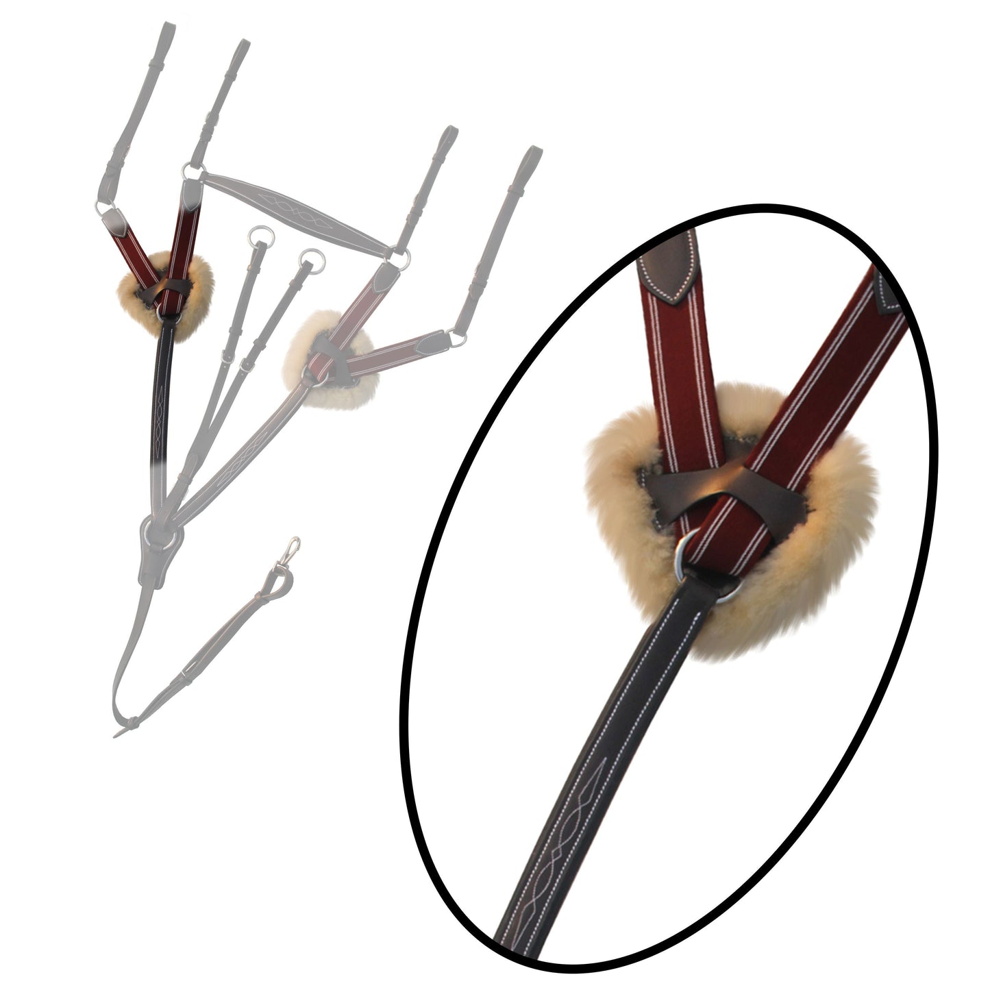 ExionPro 5 Point Breastplate with Sheepskin Padding - Burgundy Elastic & White Strips