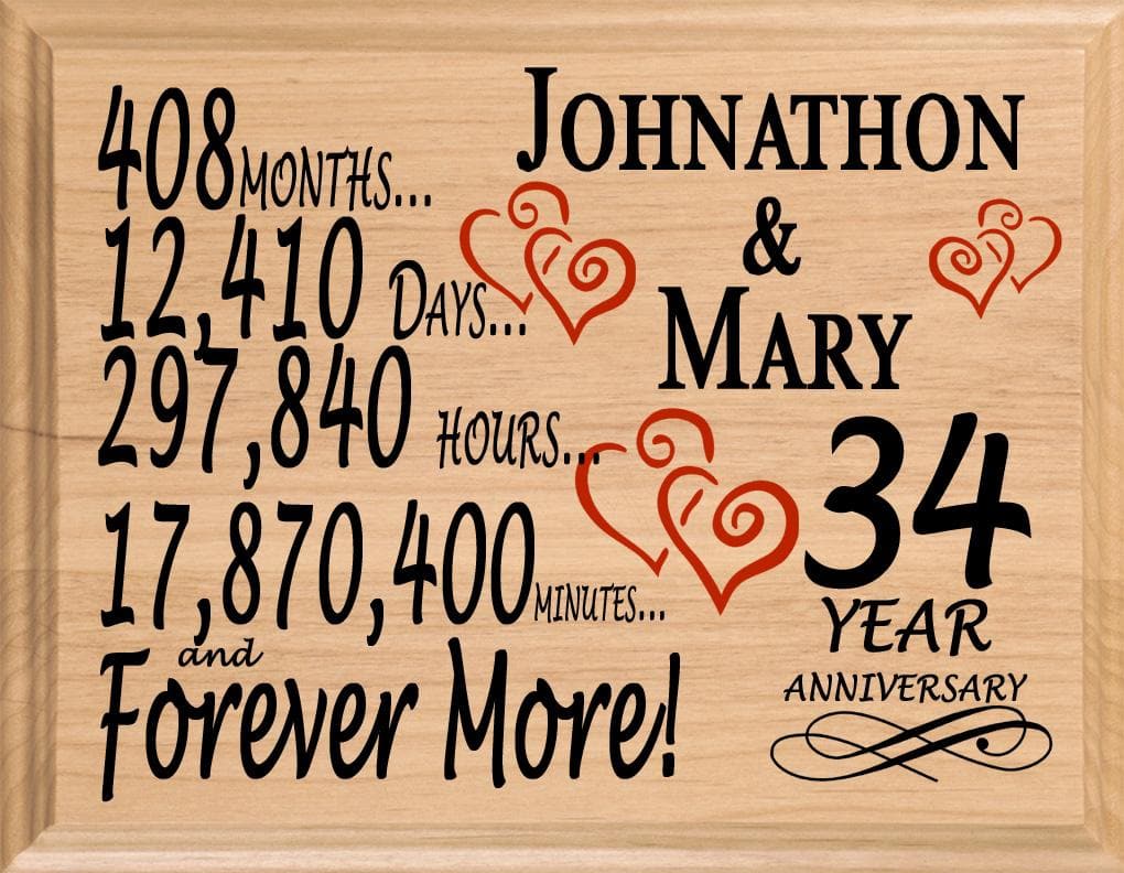 Personalized 34th Anniversary Gift – Custom Wood Keepsake for Husband, Wife, or Couple