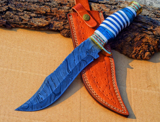 The Masterpiece Bowie: 14-Inch Damascus Steel Bowie Knife with Exotic Pakka Wood, Bone, Brass Guard, and Spacers