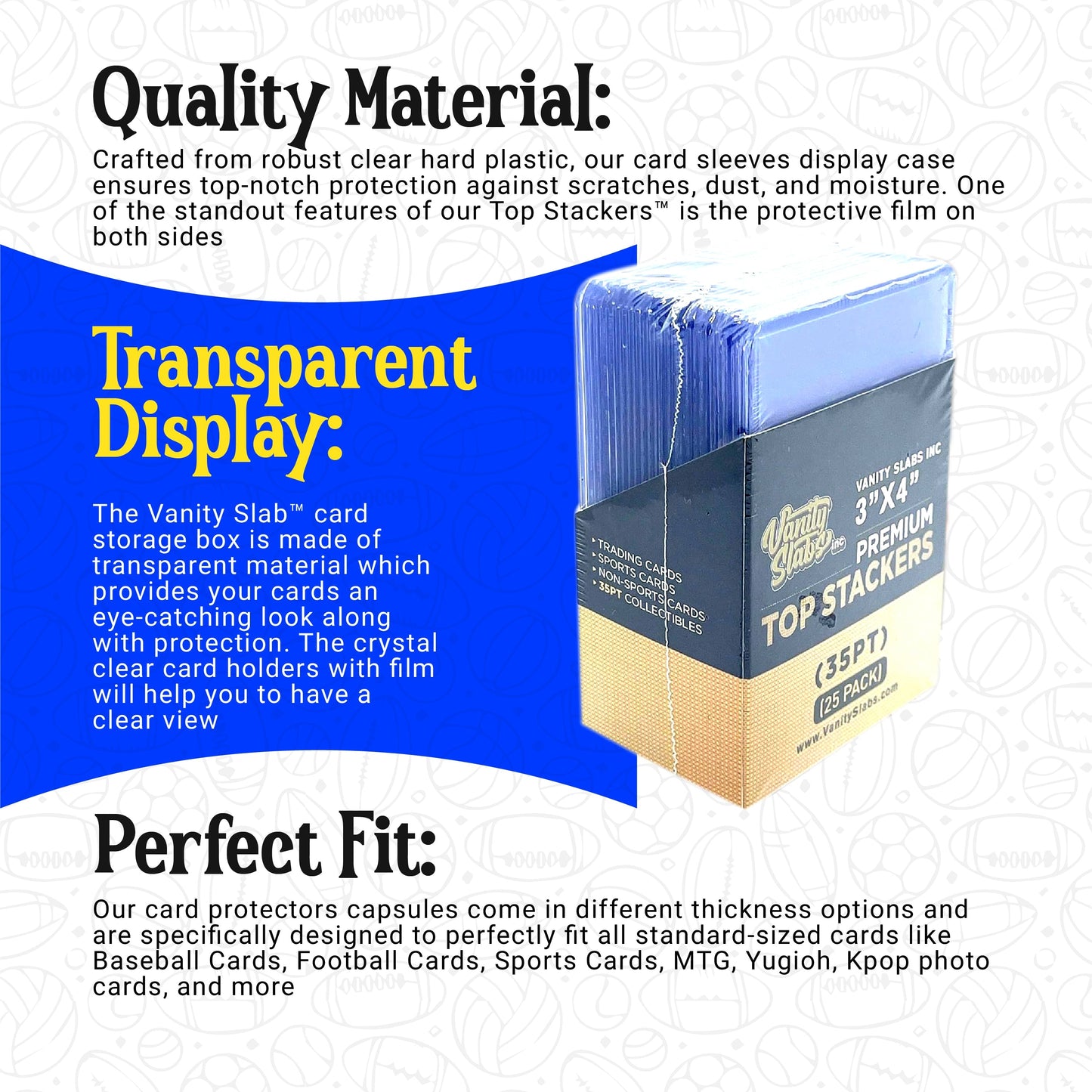 100 Vanity Slabs Premium Top Stackers w/ Film 35pt Card Loaders