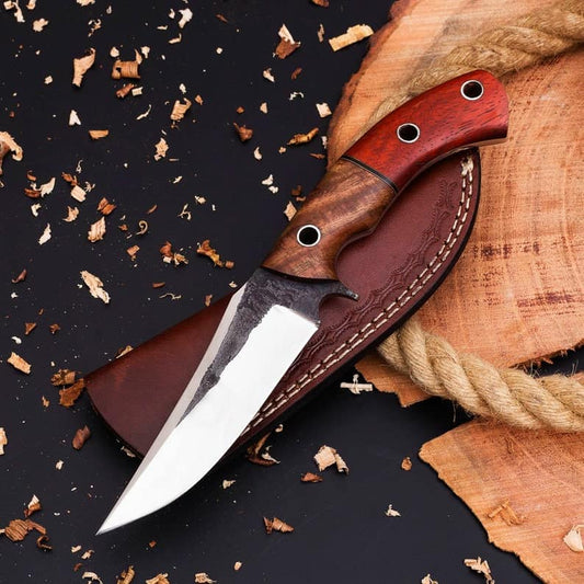 The Outdoorsman's Choice: 10-Inch Hunting Knife with Full Tang 1095 Steel Blade, Rosewood and Red Exotic Wood Handle