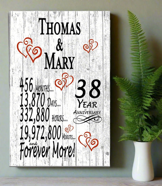 38 Year Anniversary Gift – Personalized 38th Anniversary Plaque with Custom Names