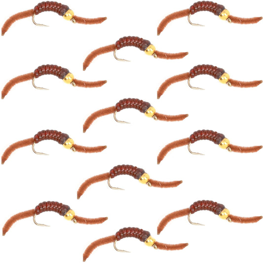 San Juan Bead Head Power Worm Brown V-Rib - 1 Dozen Hook Size 10