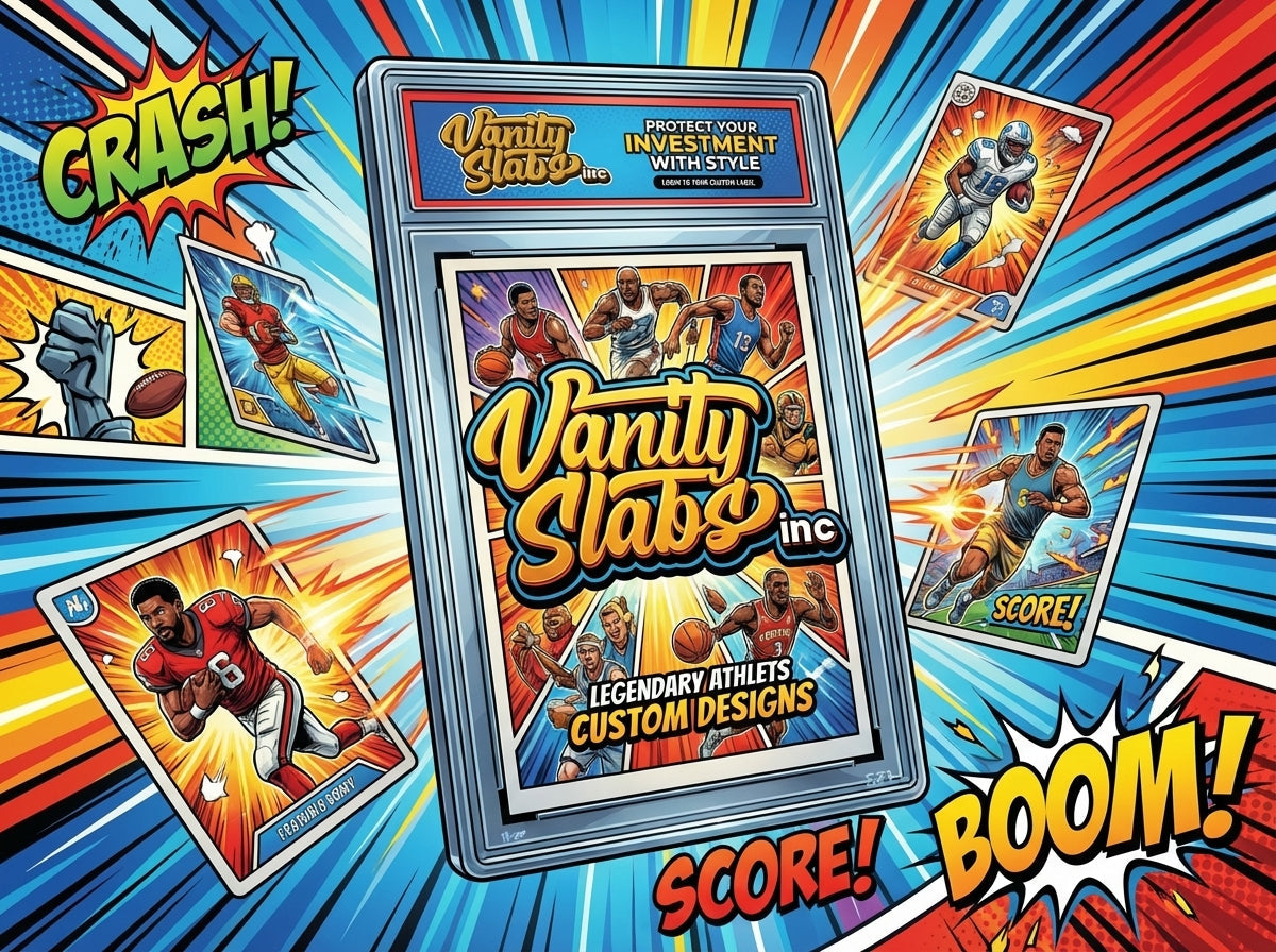 Vanity Slabs Retail Bundle 1 x Slab, Book Case, Pick & One Random Mystery Card Baseball Football Hockey or Basketball