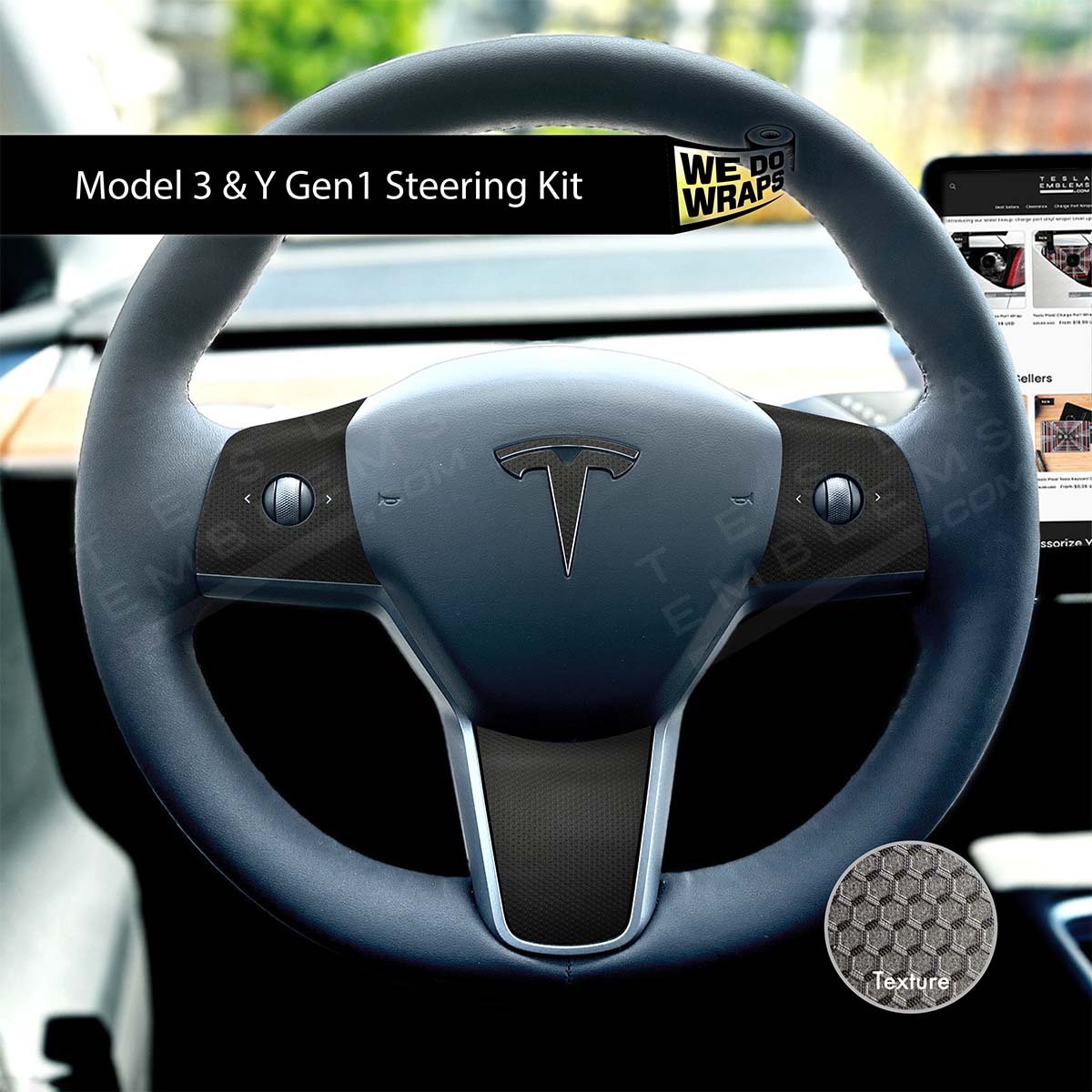 3M Matrix Black Tesla Steering Wheel Wrap | M3 2017-Jan 2024