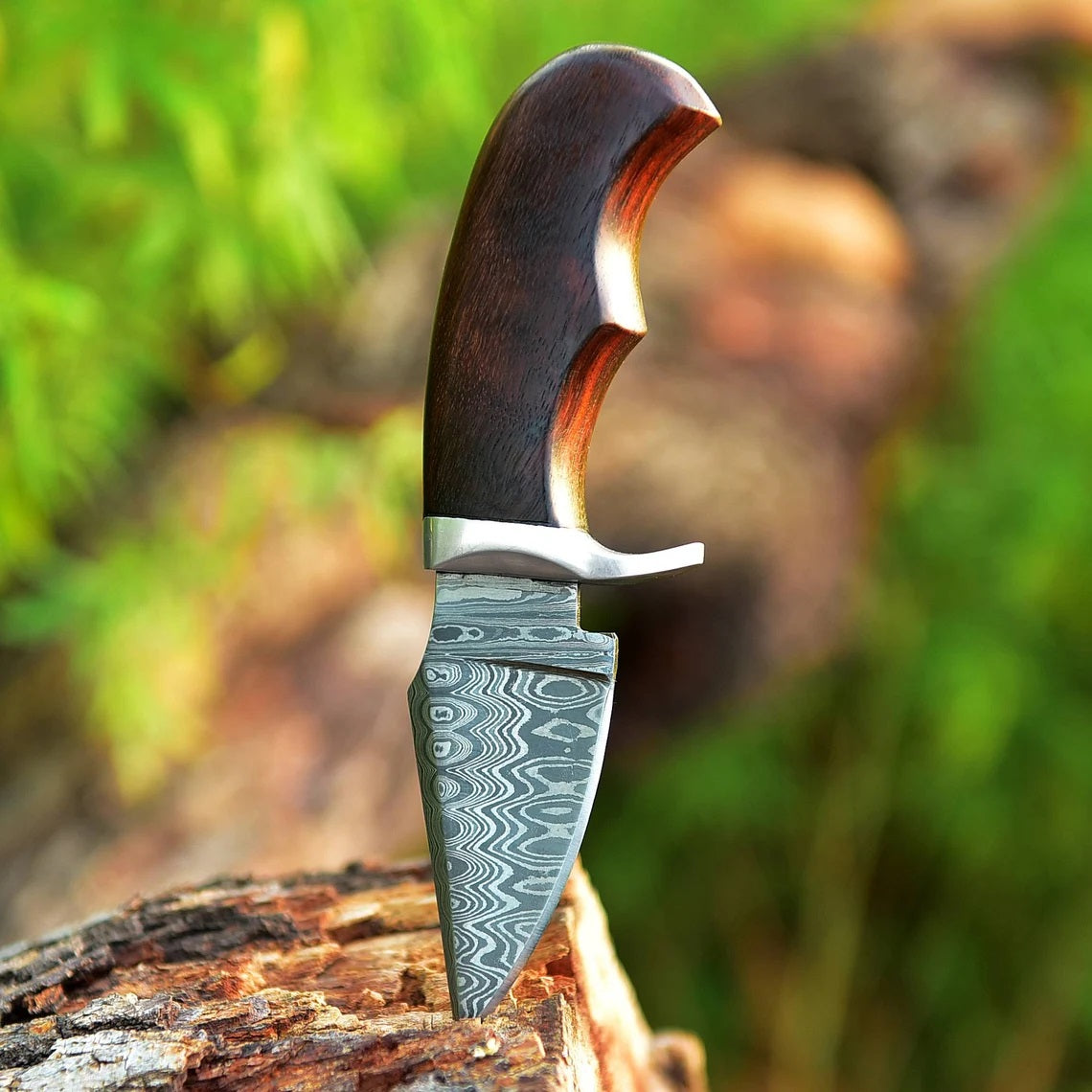 "Custom Handmade Damascus Steel EDC Skinning Knife | Rosewood Handle | 7 Inches | Leather Sheath | KBS Knives Store"