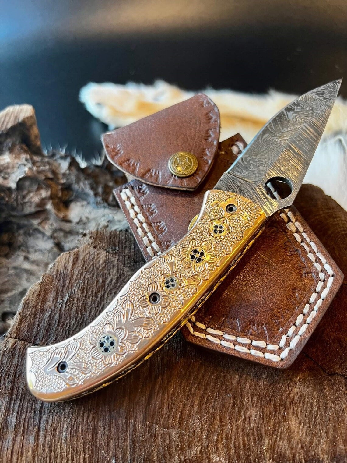 Custom Handmade Damascus Steel Folding Pocket Knife with Hand Engraved Brass Handle