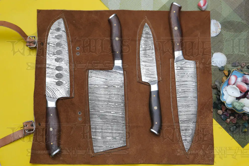 4 Piece Handmade Chef Knife Set, 4 Piece Damascus Steel Knife Set, Kitchen Knife Set with Leather Cover