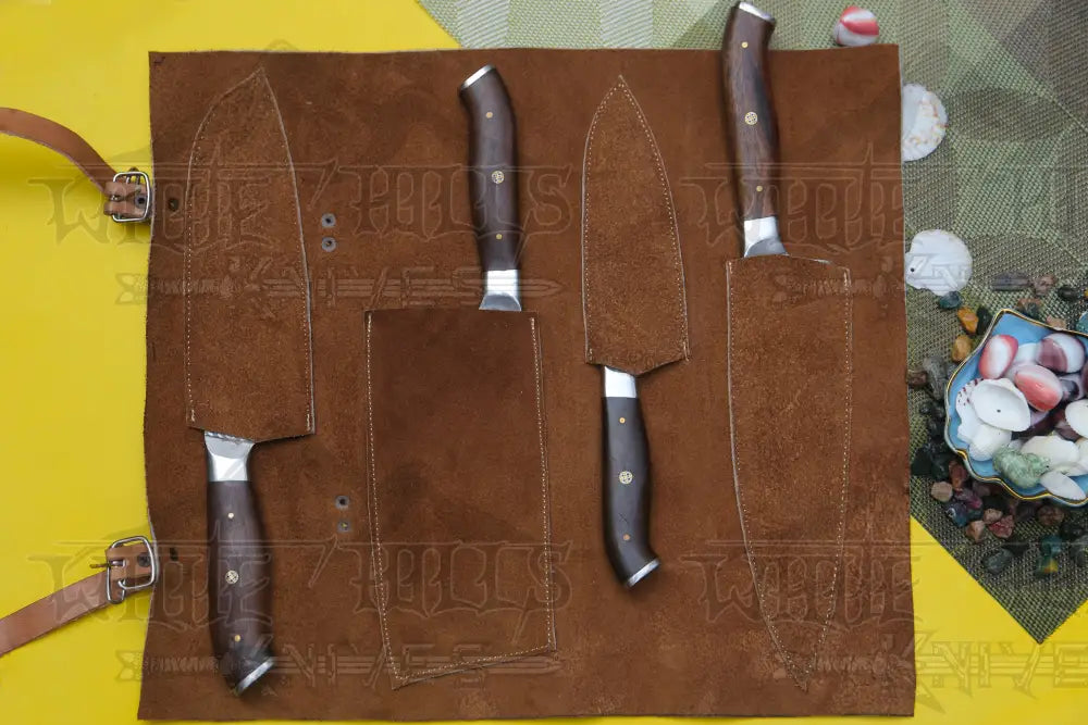 4 Piece Handmade Chef Knife Set, 4 Piece Damascus Steel Knife Set, Kitchen Knife Set with Leather Cover