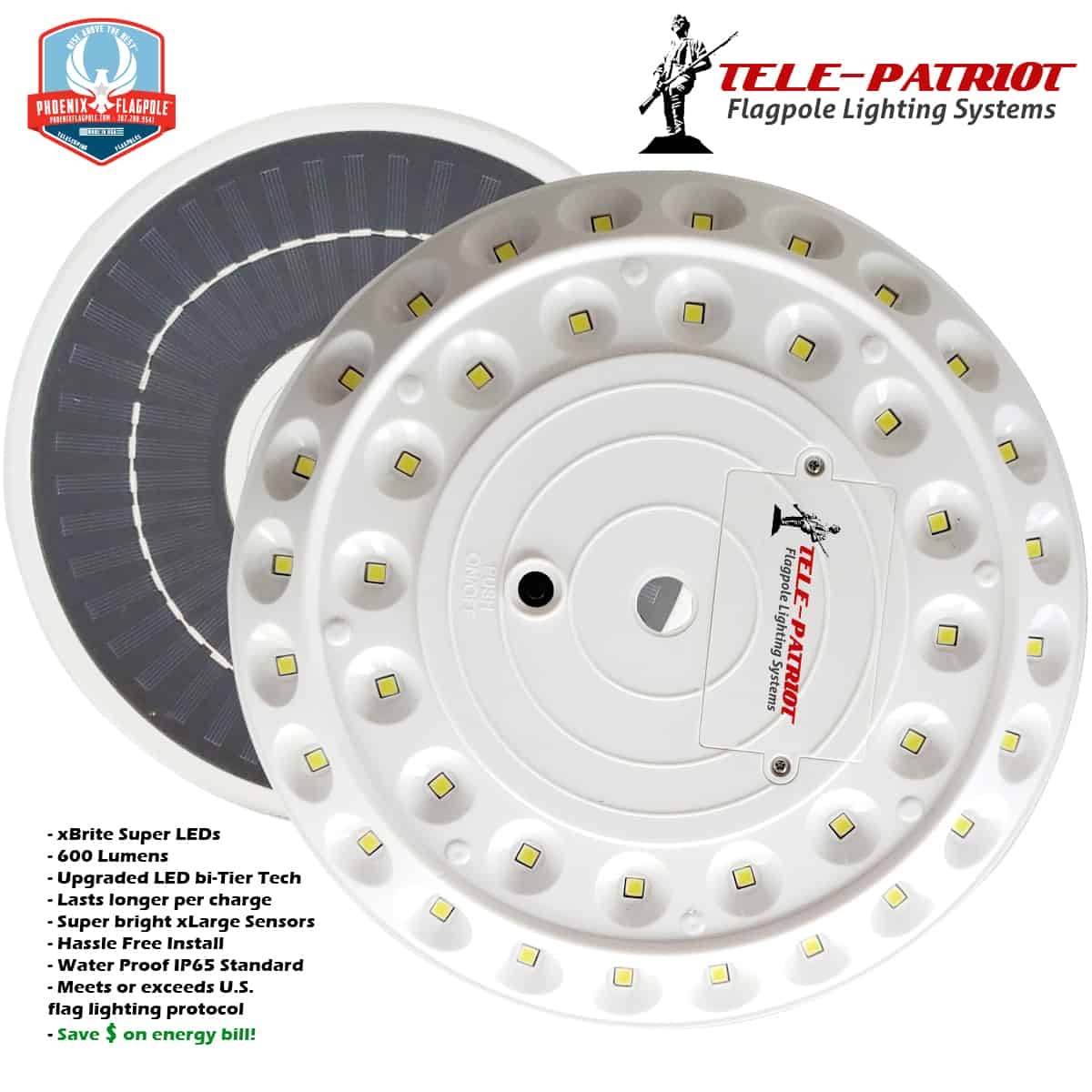 TelePatriot 600 Series Solar Flagpole Light - 600 Lumen IP65 LED