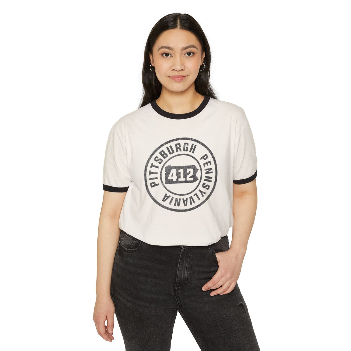 412 Area Code Pittsburgh Pa Stamped Ringer T-Shirt