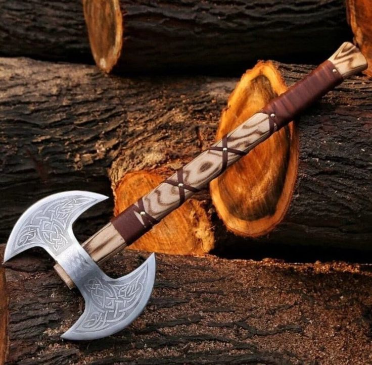 Mastercraft Battle Axe: Custom Handmade Engraved Double Blades with D2 Steel and Ash Wood Handle, Leather Wrap, and Sheath