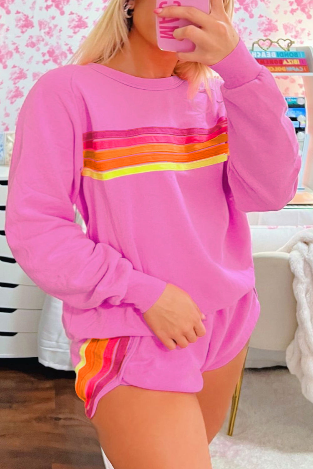 Apricot Striped Accent Pullover and Shorts Two Piece Casual Set