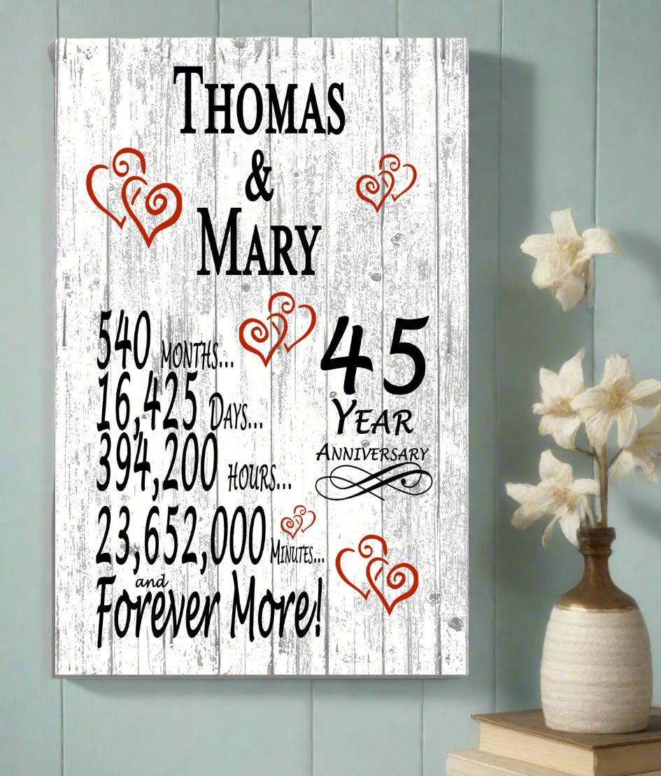 45 Year Anniversary Gift – Personalized 45th Anniversary Plaque with Custom Names