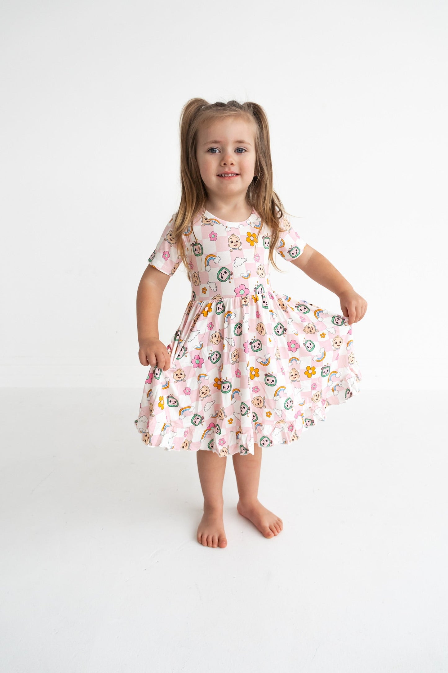 Dream Big Little Co x CoComelon JJ RAINBOW CHECKERS SHORT SLEEVE DREAM RUFFLE DRESS