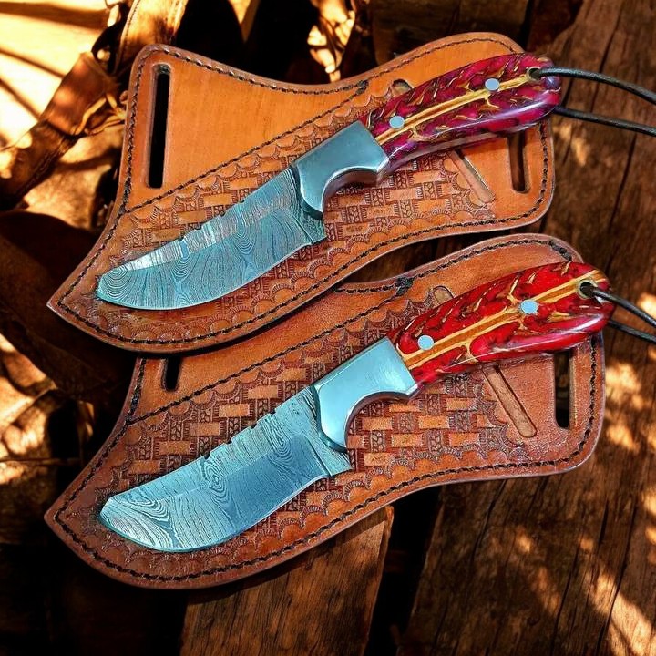 8" Damascus Ranch Knives and sheaths with Epoxy Pine Cone
