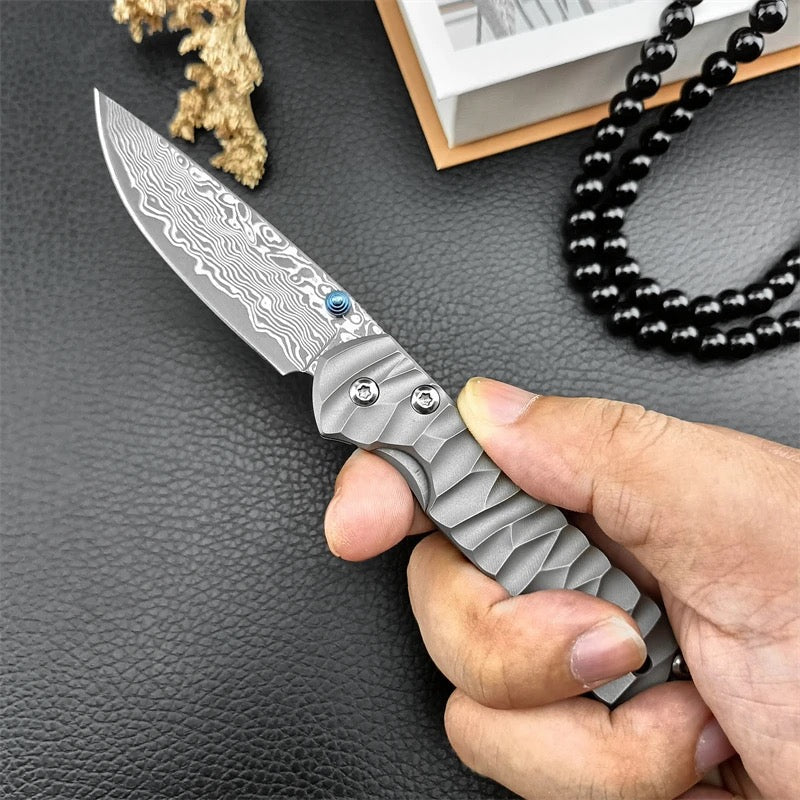 Diamond Japanese EDC Pocket Knife with VG10 Damascus Blade, Titanium Handle & Sheath