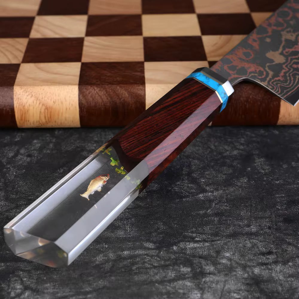 Noble Copper & Cobalt Alloy Damascus Chef Knife with Exotic Bloodwood & Resin Handle
