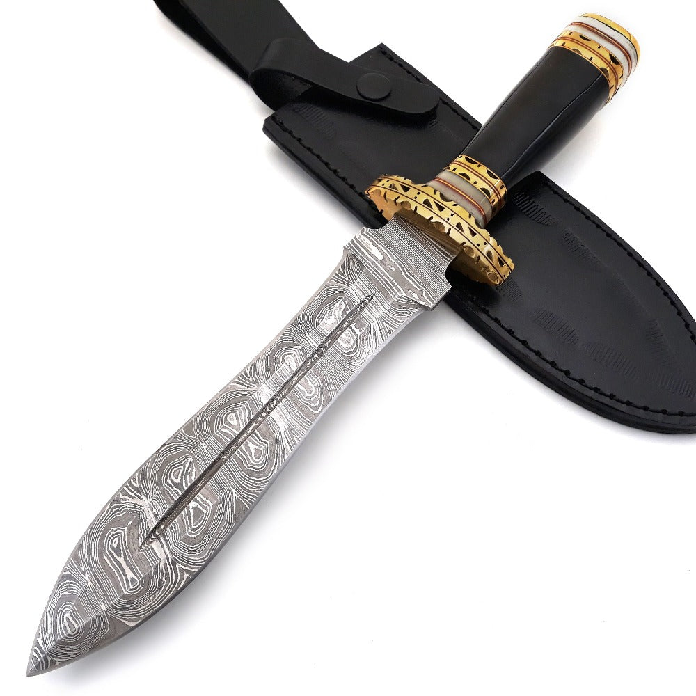 Fear Damascus Fixed Blade Hunting Knife with Bull Horn & Brass Handle
