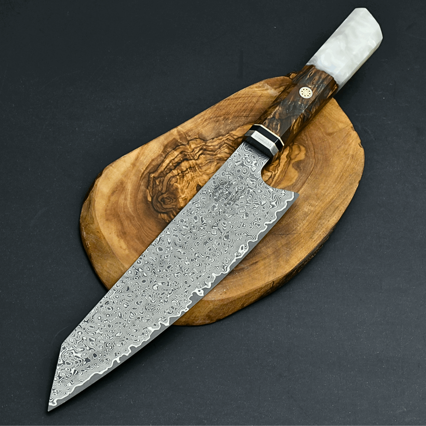 Aurora Japanese Chef Knife with Exotic Olive Burl Wood & Mother of Pearl Handle