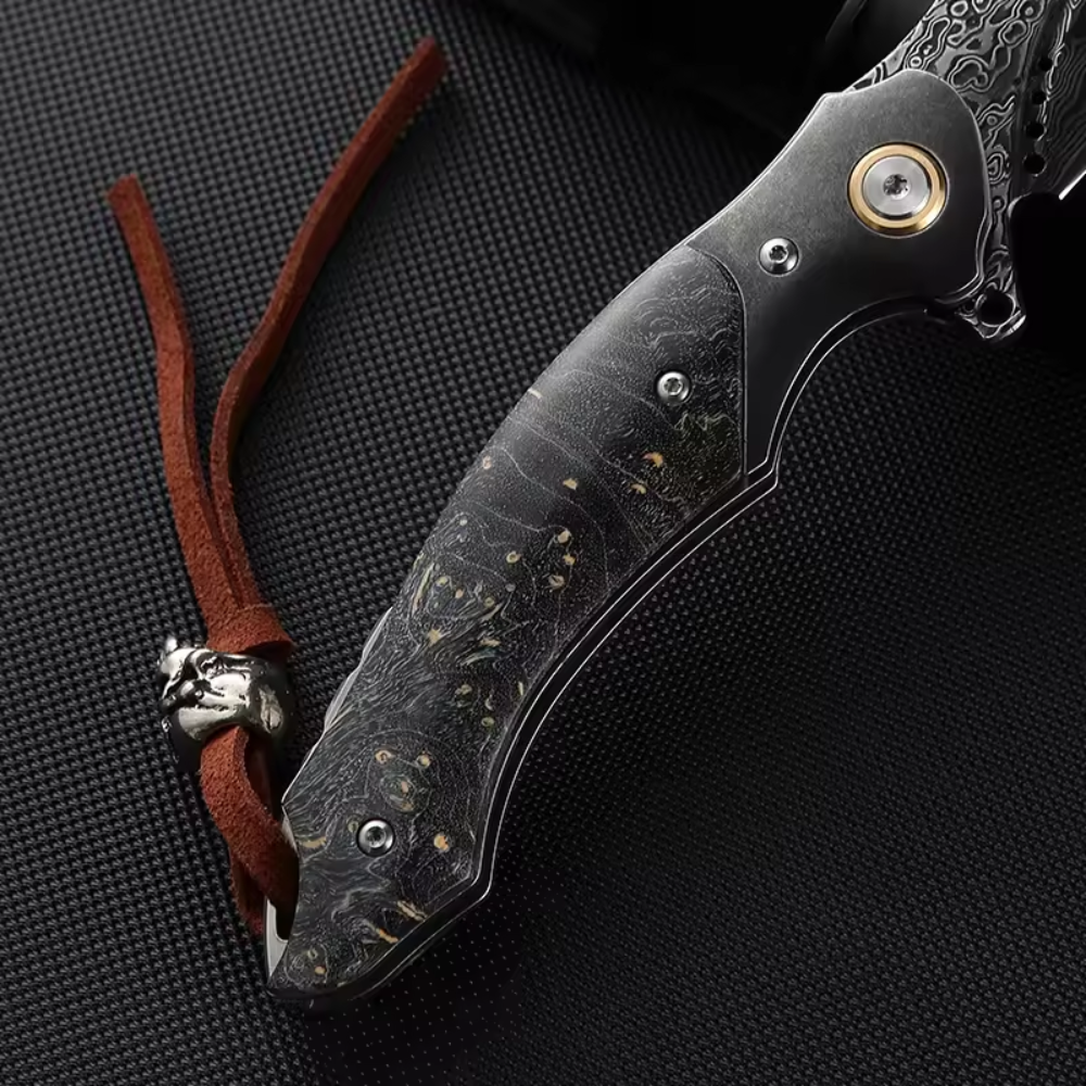 Venom Japanese Damascus Pocket Knife with Stained Maple Burl Wood Handle