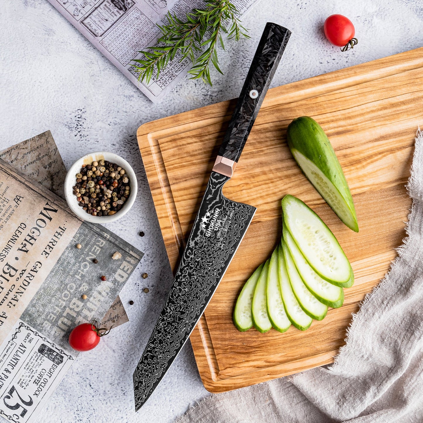 Cinder Japanese Damascus Chef Knife with Carbon Fiber Handle