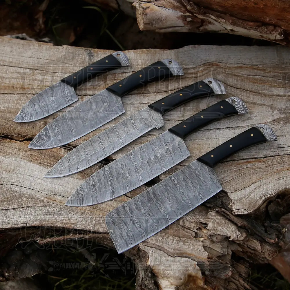 5 Piece Damascus Chef Knife Set - Damascus Steel Chef Knife Set with Leather Roll