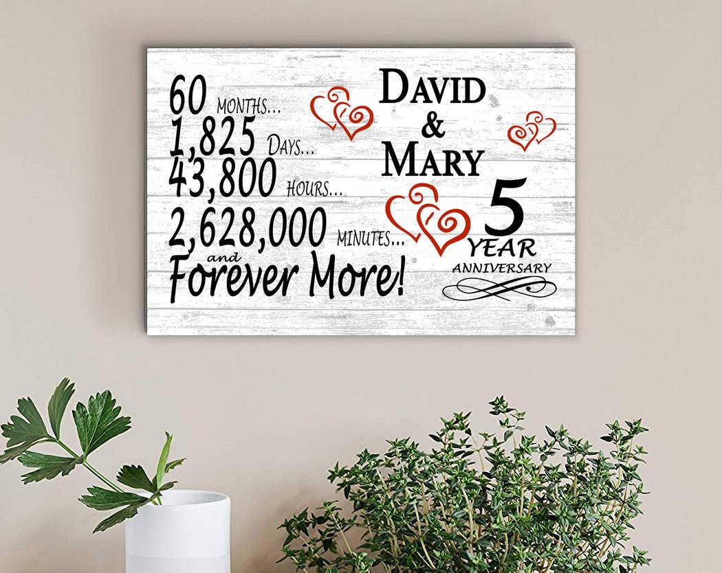 Personalized 5 Year Anniversary Gift – Traditional Wood Present Sign with Couple’s Names | Romantic Plaque