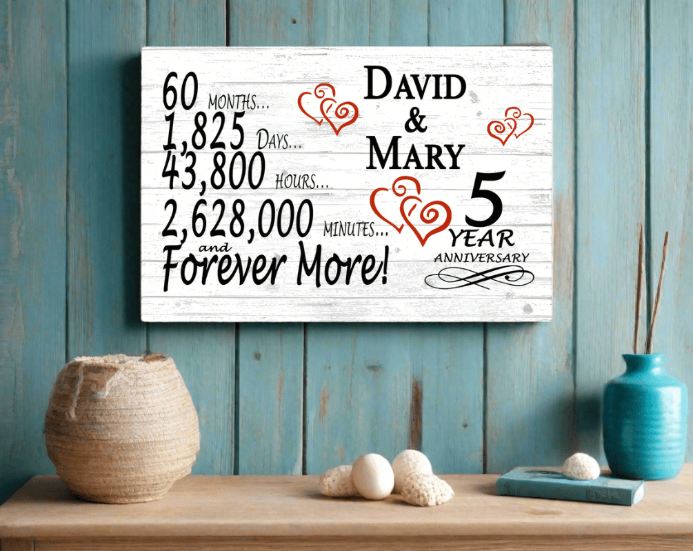Personalized 5 Year Anniversary Gift – Traditional Wood Present Sign with Couple’s Names | Romantic Plaque