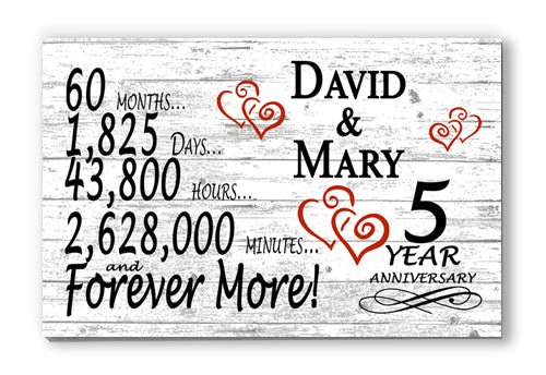 Personalized 5 Year Anniversary Gift – Traditional Wood Present Sign with Couple’s Names | Romantic Plaque