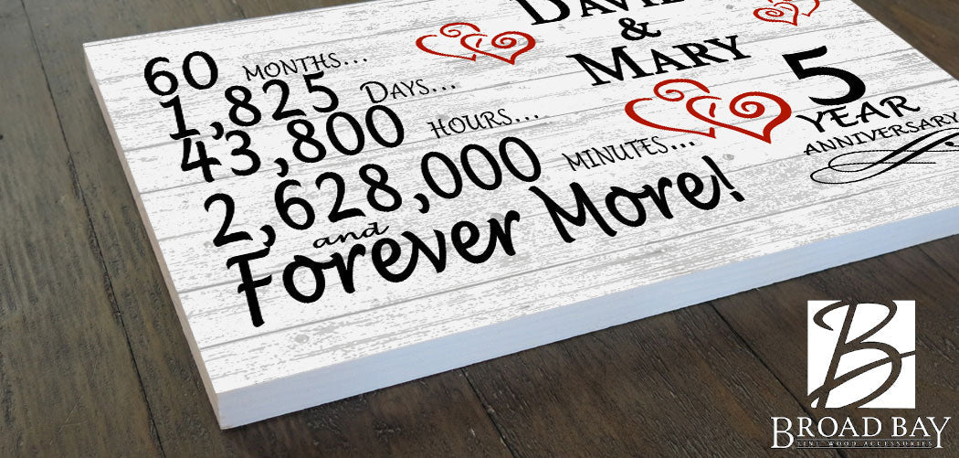 Personalized 5 Year Anniversary Gift – Traditional Wood Present Sign with Couple’s Names | Romantic Plaque
