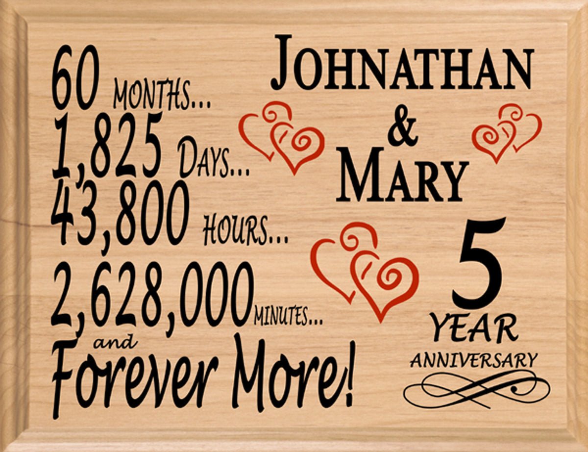 Personalized 5th Anniversary Gift – 5 Year Traditional Present - Custom Wood Keepsake for Husband, Wife, or Couple