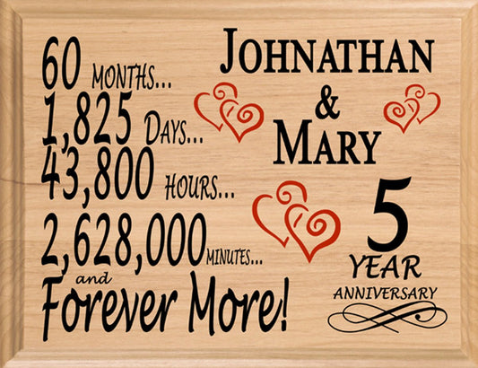 Personalized 5th Anniversary Gift – 5 Year Traditional Present - Custom Wood Keepsake for Husband, Wife, or Couple